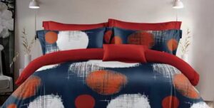 Parure de lit AB436 ARJUN, cercles orange et blancs sur fond bleu marine