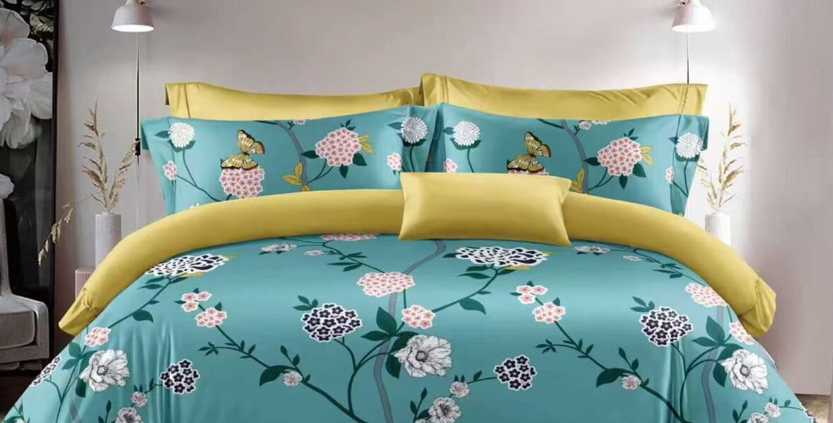 parure de lit ab478 Parure de lit AB478 ARJUN, fleurs roses et papillons sur fond turquoise