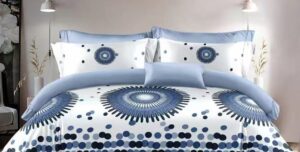 Parure de lit ARJUN, cercles bleus sur fond blanc